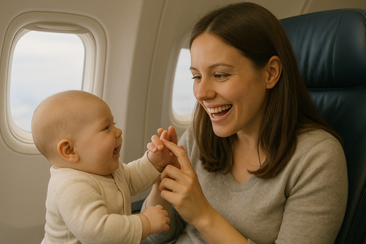 Guide: Så reser du smidigt med småbarn – checklistor och knep för hela resan. Mamma på flygplan med sin bebis, skrattar och leker