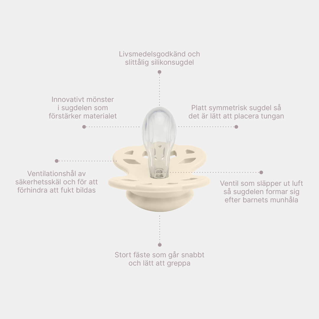 Närbild på BIBS Glow in the Dark napp i naturgummi med information