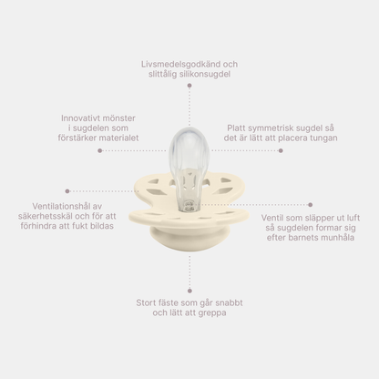 Närbild på BIBS Glow in the Dark napp i naturgummi med information