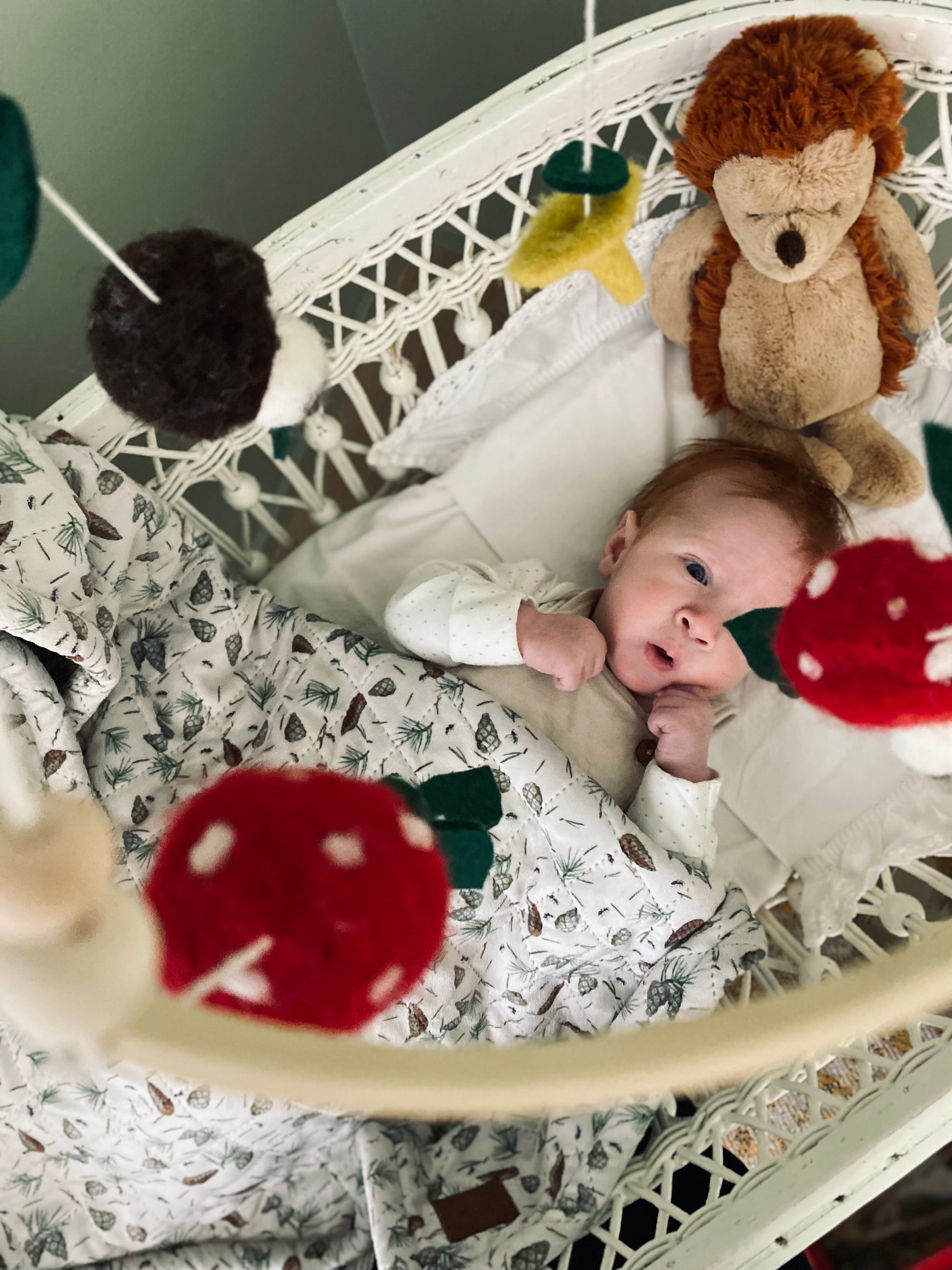 Sängmobil med tovade svampar i form av röd flugsvamp, karljohanssvamp, kantarell och löv. Härliga och fina svampar du hittar i en svampskog i höst. På bild syns även igelkott och baby 3 månader samt krubba med tjock filt