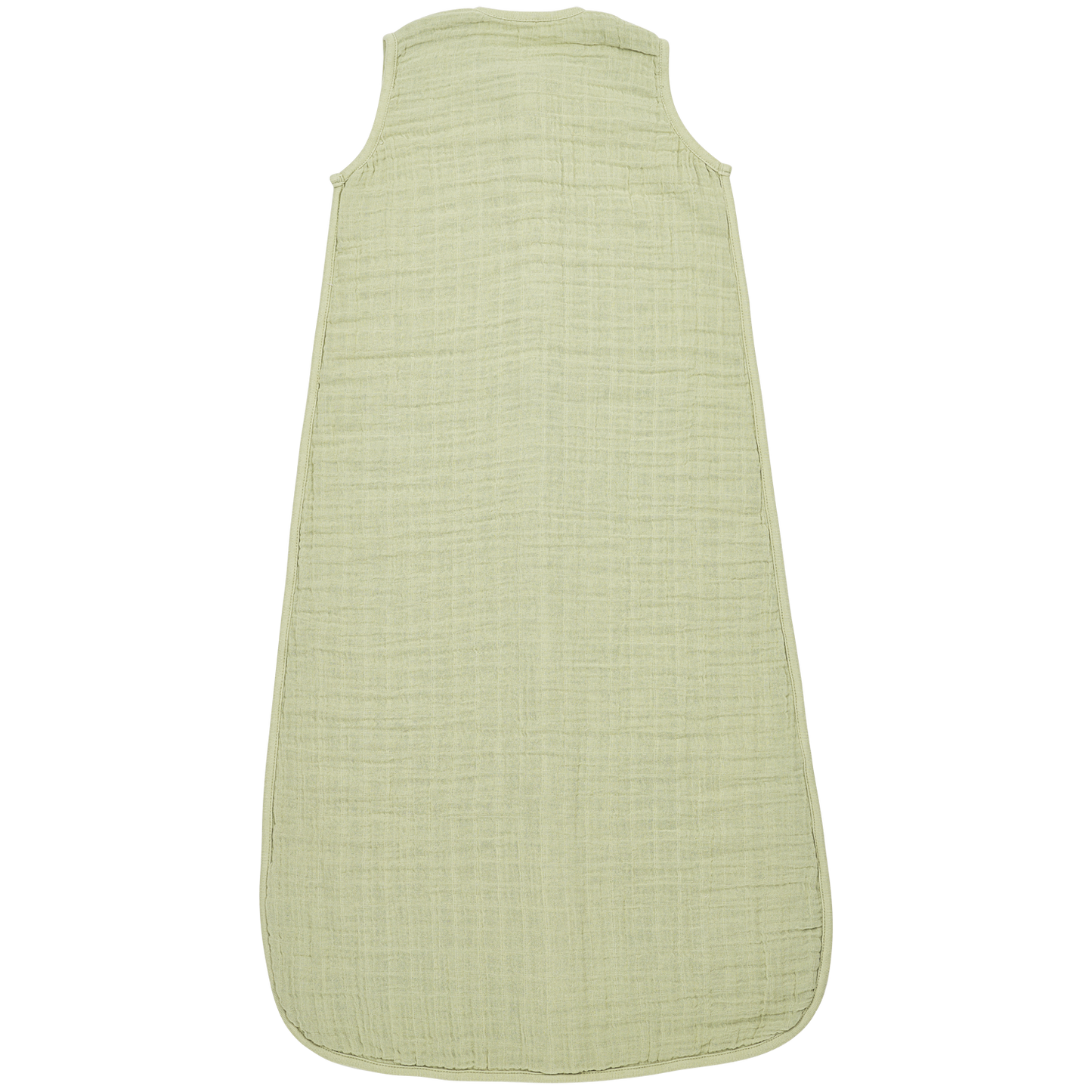Närbild på andningsbar babysovpåse i grön muslin som minskar oro vid sömn. Bakifrån.