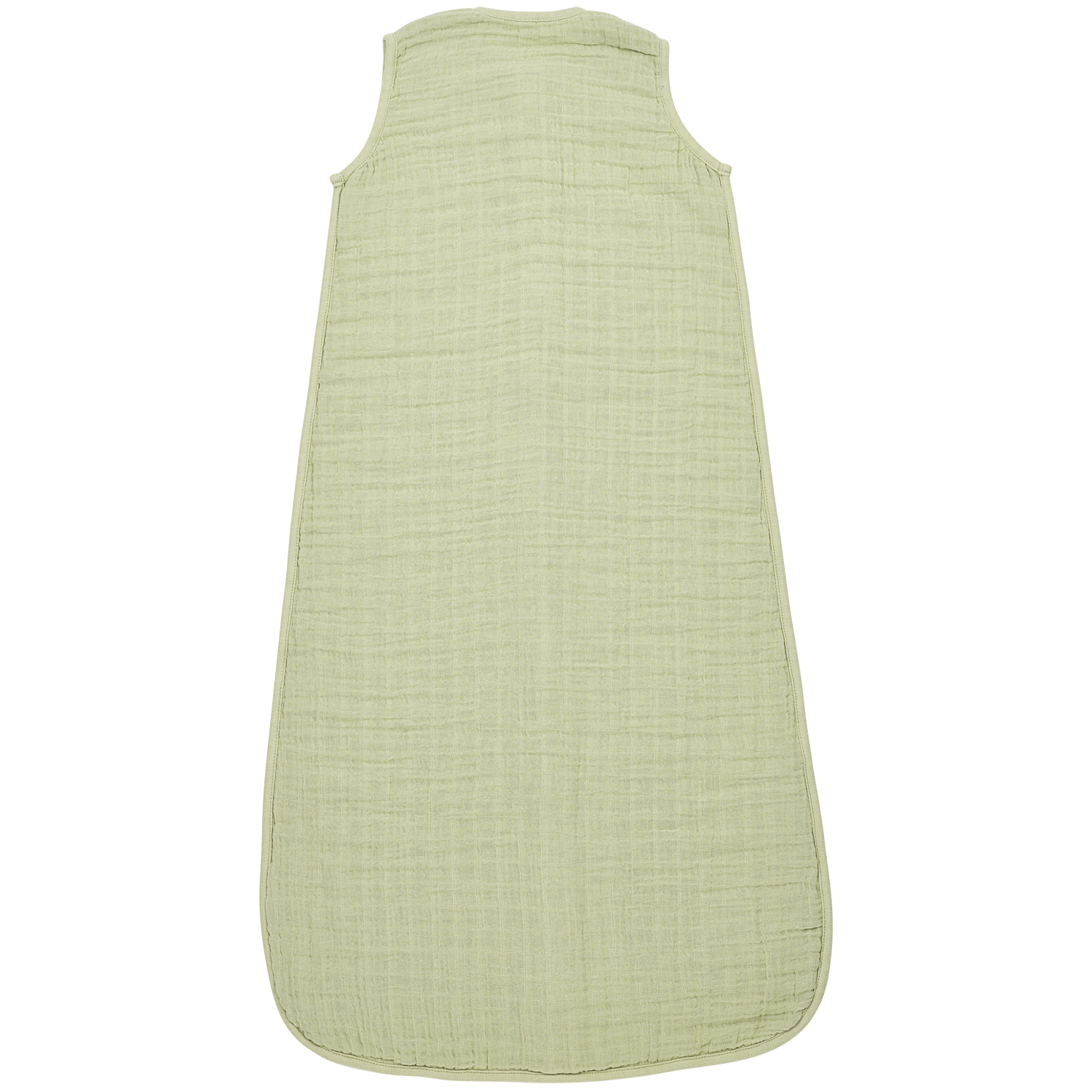 Närbild på andningsbar babysovpåse i grön muslin som minskar oro vid sömn. Bakifrån.