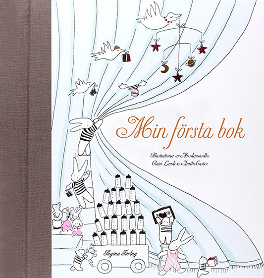 Min första bok bebis med omslag på illustrare kaniner och fåglar i minimalistisk design.