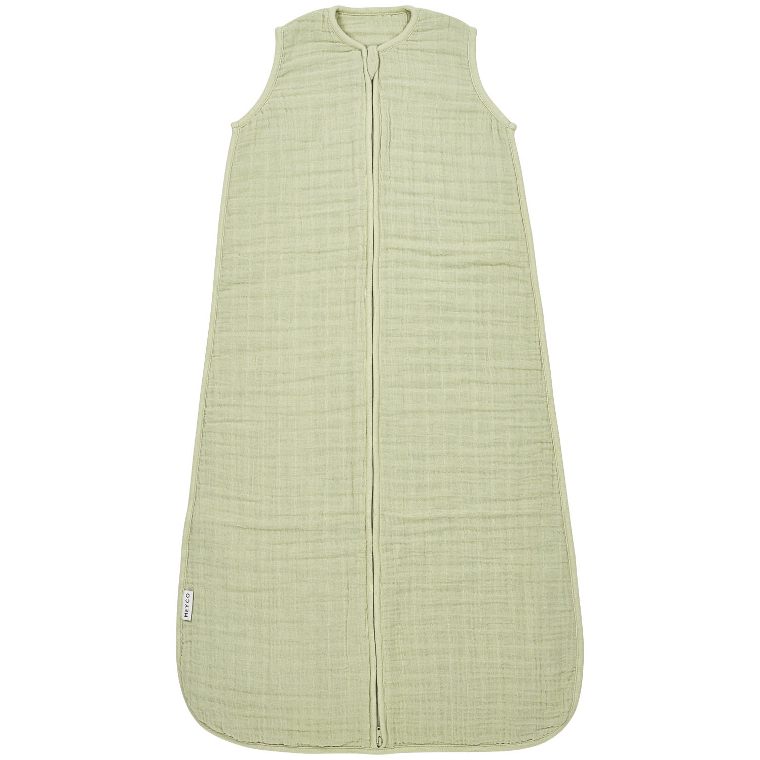 Närbild på matchagrön sovpåse i mjuk muslin för lugn och säker natt. Framifrån